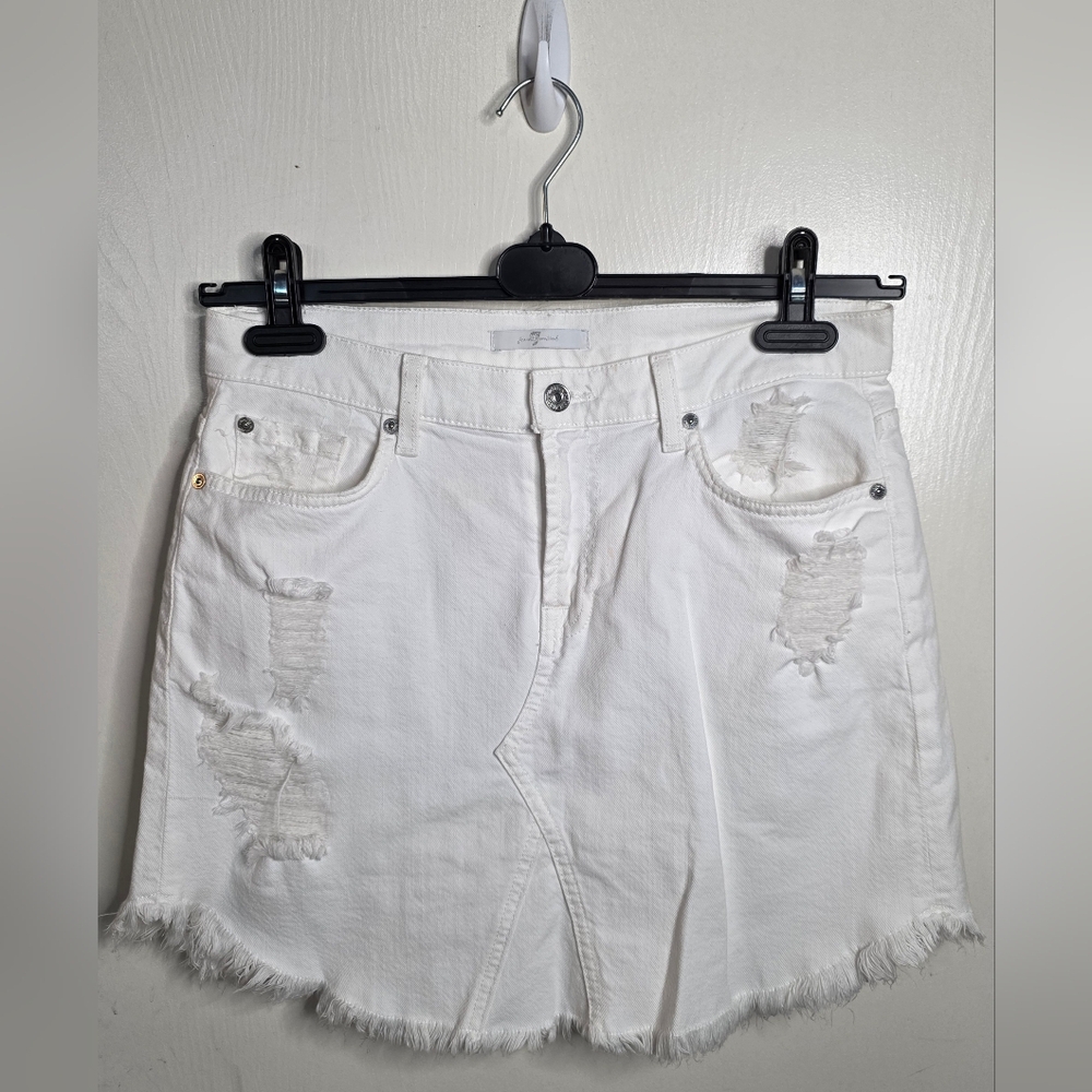 *2 FOR $40* 7 For All Mankind White Denim Distressed Mini Skirt